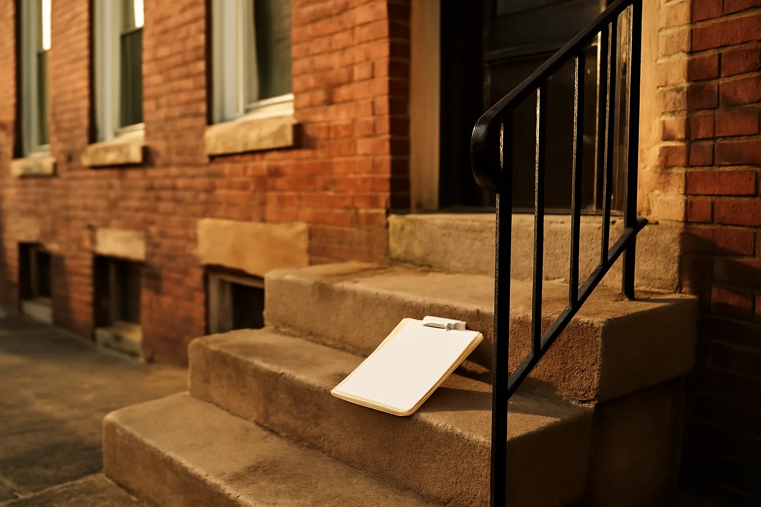 Clipboard on a Baltimore rowhouse stoop representing a Maryland rental application review