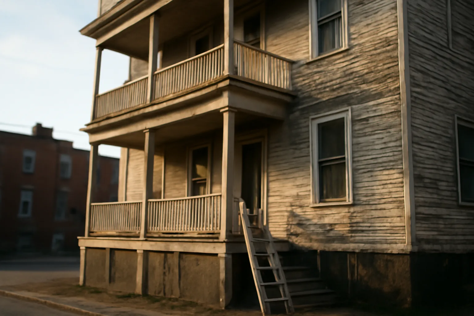 Weathered triple-decker rental building with peeling paint, related to Rhode Island lead inspections