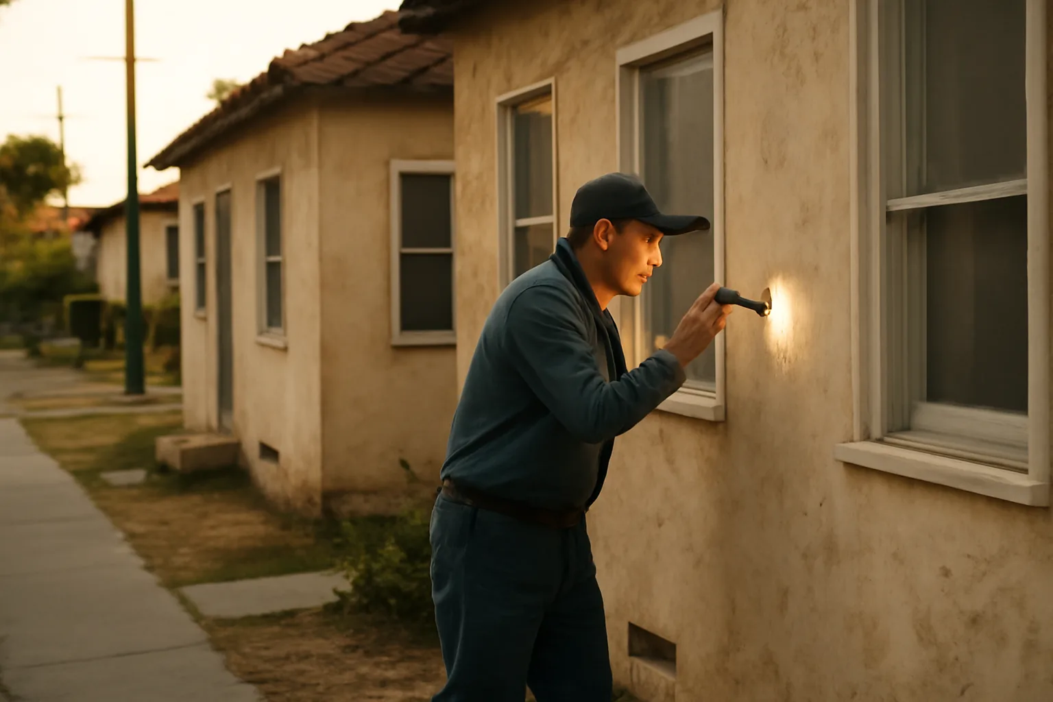 Landlord inspecting a window latch on a small California rental duplex at dusk