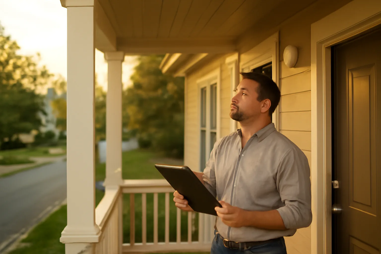 Landlord checking a smoke detector on a porch as part of short term rental registration prep