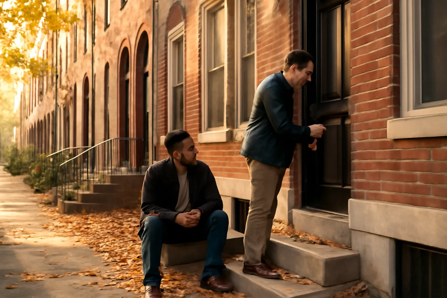 Landlord and tenant standing at a Philadelphia rowhouse entrance discussing tenant rights in PA